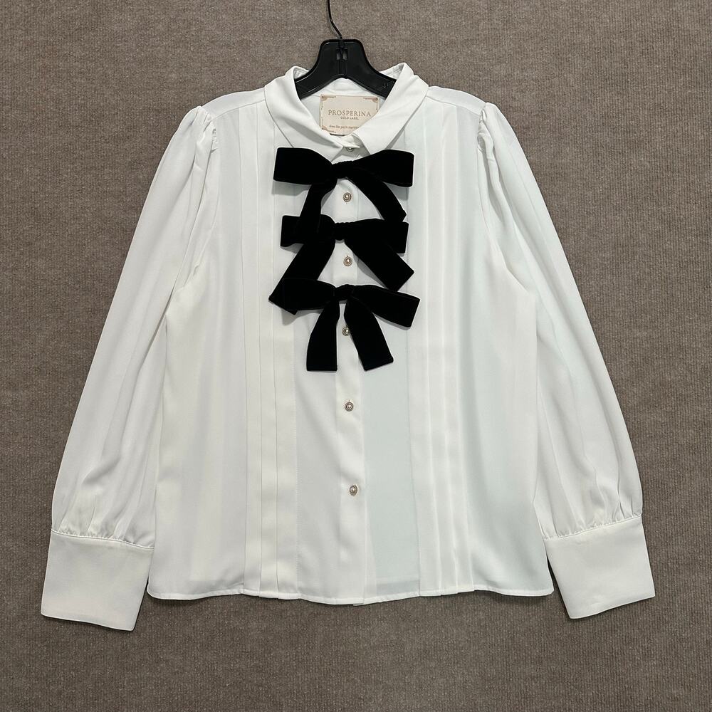 Prosperina White Pleated Button Down Top Black Velvet Bow Accents Small Coquette